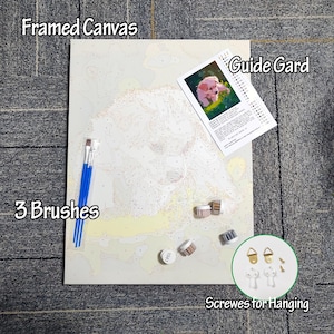 May include: A paint-by-numbers kit featuring a framed canvas with a dog outline, three blue paint brushes, paint pots, a guide card, and screws for hanging. The canvas is labeled "Framed Canvas".