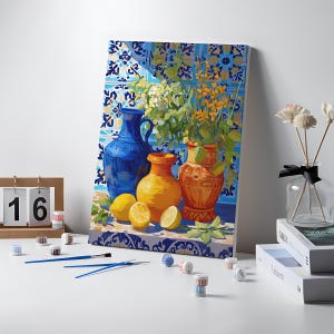 Mediterranean Still Life Art Print, Colorful Vases & Lemons Painting, Kitchen Wall Decor image 6