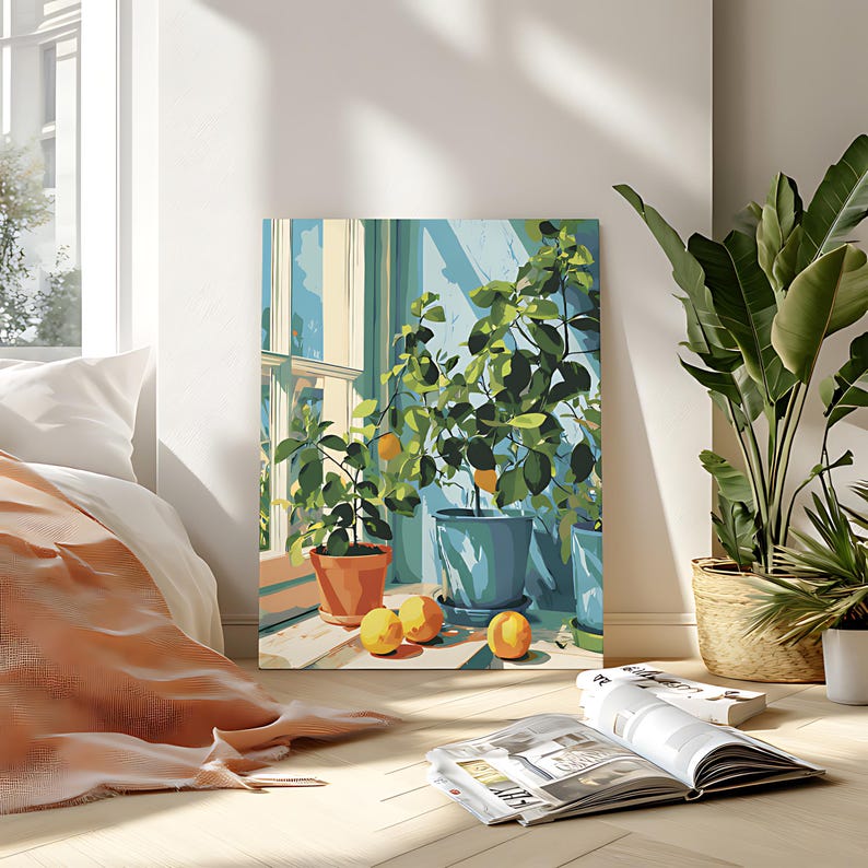 May include: A painting of a sunlit interior scene featuring potted lemon trees by a window. The artwork showcases vibrant green foliage, bright yellow lemons, and blue and terracotta pots. The scene includes a window and a glimpse of the outdoors.