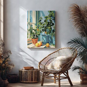 May include: An artistic painting of a window scene with potted lemon trees and ripe lemons. The painting features a color palette of blues, greens, and oranges, with a wicker chair and side table in the foreground.