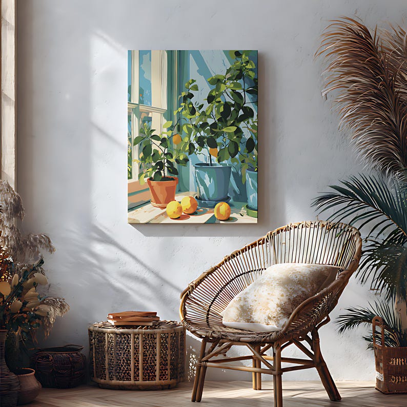 May include: An artistic painting of a window scene with potted lemon trees and ripe lemons. The painting features a color palette of blues, greens, and oranges, with a wicker chair and side table in the foreground.