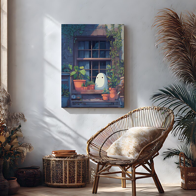 May include: A framed canvas art print depicts a whimsical scene of a window with potted plants and a cartoon ghost character. The artwork is set against a stone wall, with a wicker chair and side table in the foreground, creating a cozy, inviting atmosphere.