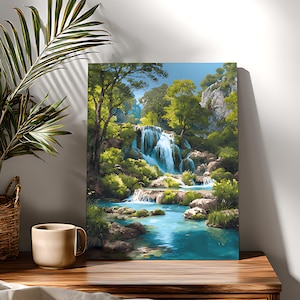 Peut inclure: Impression sur toile encadrée représentant une cascade. L'œuvre d'art montre une cascade entourée d'arbres et de feuillages verts, avec une rivière bleue claire à la base. L'impression est posée sur une surface en bois.