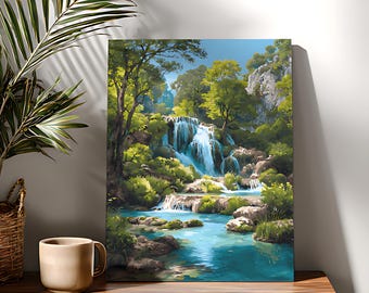 Kit de peinture par numéros cascade dans la forêt, peinture acrylique sur toile à faire soi-même