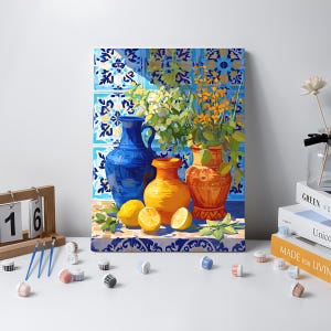 Mediterranean Still Life Art Print, Colorful Vases & Lemons Painting, Kitchen Wall Decor image 5