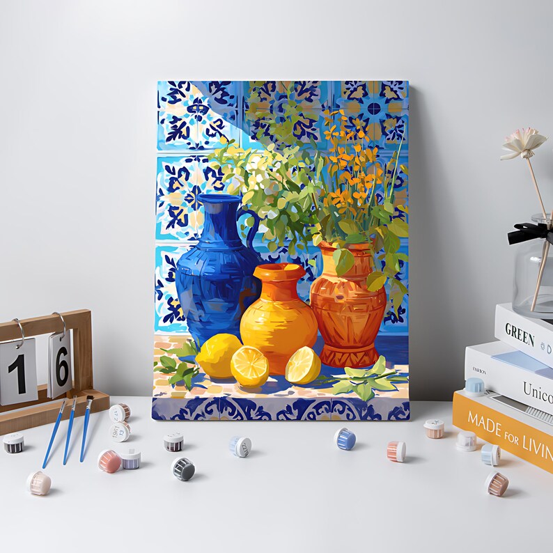 Mediterranean Still Life Art Print, Colorful Vases & Lemons Painting, Kitchen Wall Decor image 5