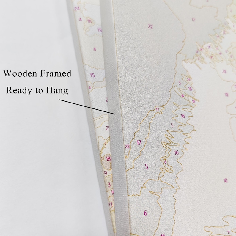 May include: Close-up of a wooden framed canvas with a paint-by-numbers design. The canvas is ready to hang and features a numbered map-like pattern in shades of beige, brown, and red. The text "Wooden Framed Ready to Hang" is visible.