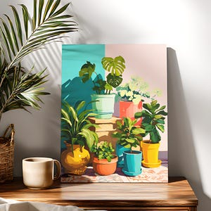 May include: A colorful painting of potted plants in various sizes and shapes. The artwork features a variety of green plants in pots of different colors, including yellow, orange, and blue. The background is divided into teal and pink sections.