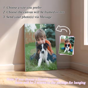 May include: A custom canvas print featuring a stylized illustration of a child with a black and white puppy in a grassy field. The image includes a smaller reference photo and text instructions for ordering, including choosing size, framing, and sending photos.