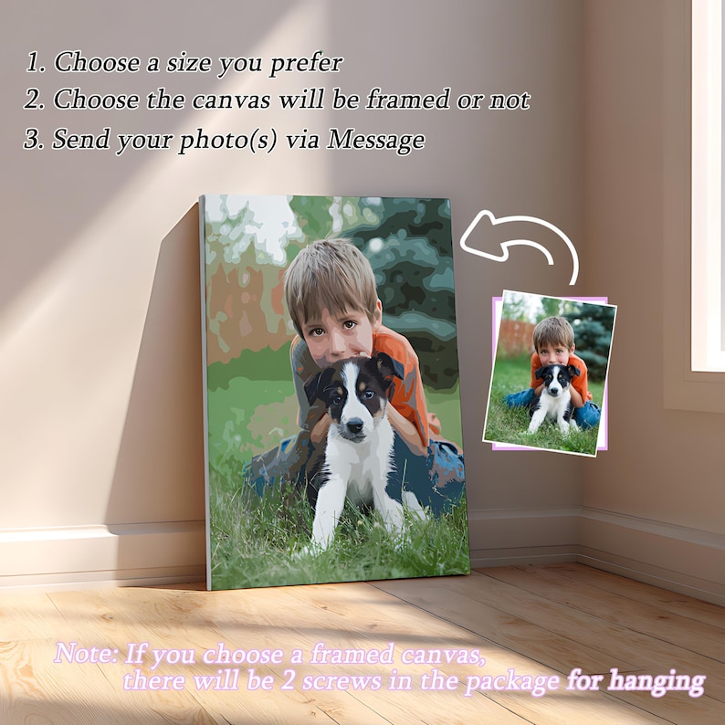 May include: A custom canvas print featuring a stylized illustration of a child with a black and white puppy in a grassy field. The image includes a smaller reference photo and text instructions for ordering, including choosing size, framing, and sending photos.