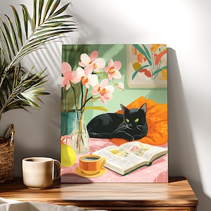 Coffee & Black Cat Paint by Numbers Kit: Beginner DIY Canvas Art