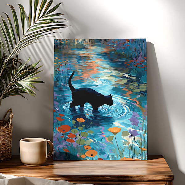 Black Cat Walking Paint By Numbers Kit, Whimsical Forest DIY Acrylic Painting on Canvas
