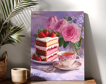 Strawberry Cake Paint by Numbers, Floral DIY Acrylic Painting Kit on Canvas