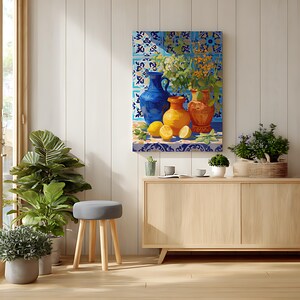 Mediterranean Still Life Art Print, Colorful Vases & Lemons Painting, Kitchen Wall Decor image 11