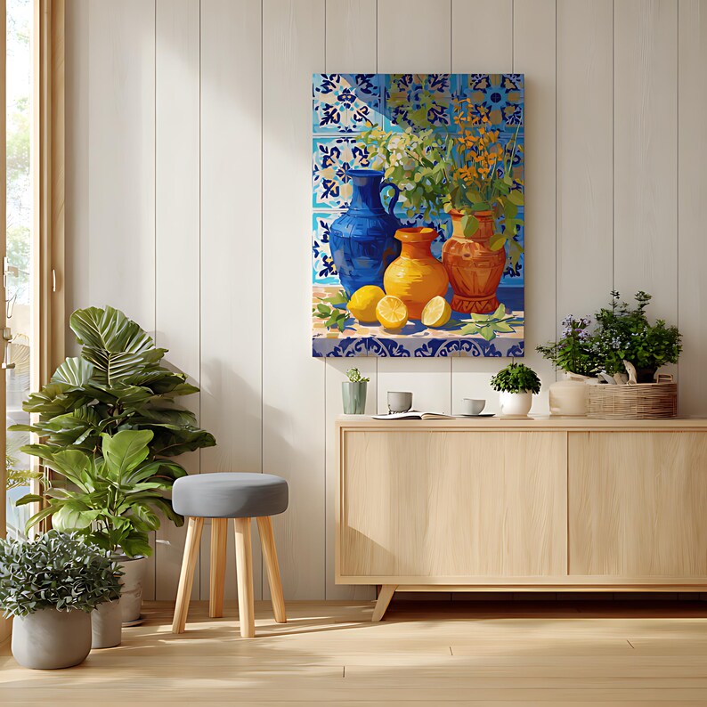 Mediterranean Still Life Art Print, Colorful Vases & Lemons Painting, Kitchen Wall Decor image 11