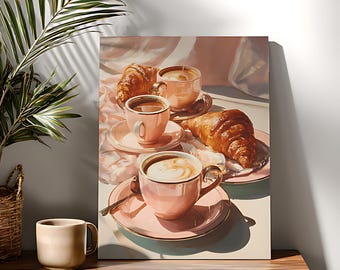 Kit de peinture par numéros café et croissants, peinture acrylique sur toile pour débutants