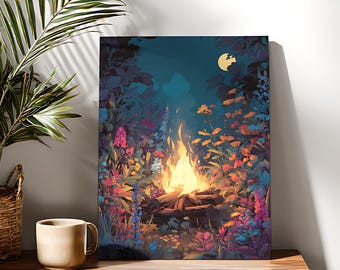 Kit de pintura por números de fogata en el bosque: lienzo acrílico para principiantes