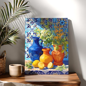 Mediterranean Still Life Art Print, Colorful Vases & Lemons Painting, Kitchen Wall Decor image 1
