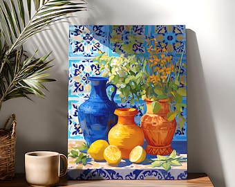 Lámina artística de bodegón mediterráneo, cuadro con jarrones y limones de colores, decoración de pared para cocina