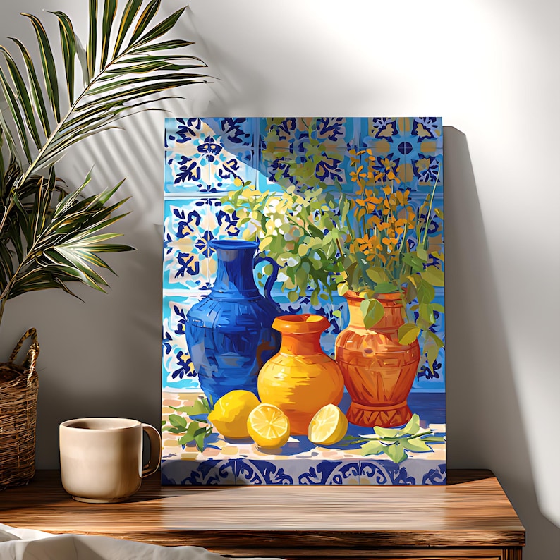 Mediterranean Still Life Art Print, Colorful Vases & Lemons Painting, Kitchen Wall Decor image 1
