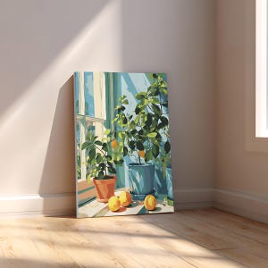 May include: A canvas print depicting potted lemon trees in front of a window. The artwork features a vibrant color palette with shades of green, orange, and blue. Several lemons are placed on a wooden surface in front of the plants.