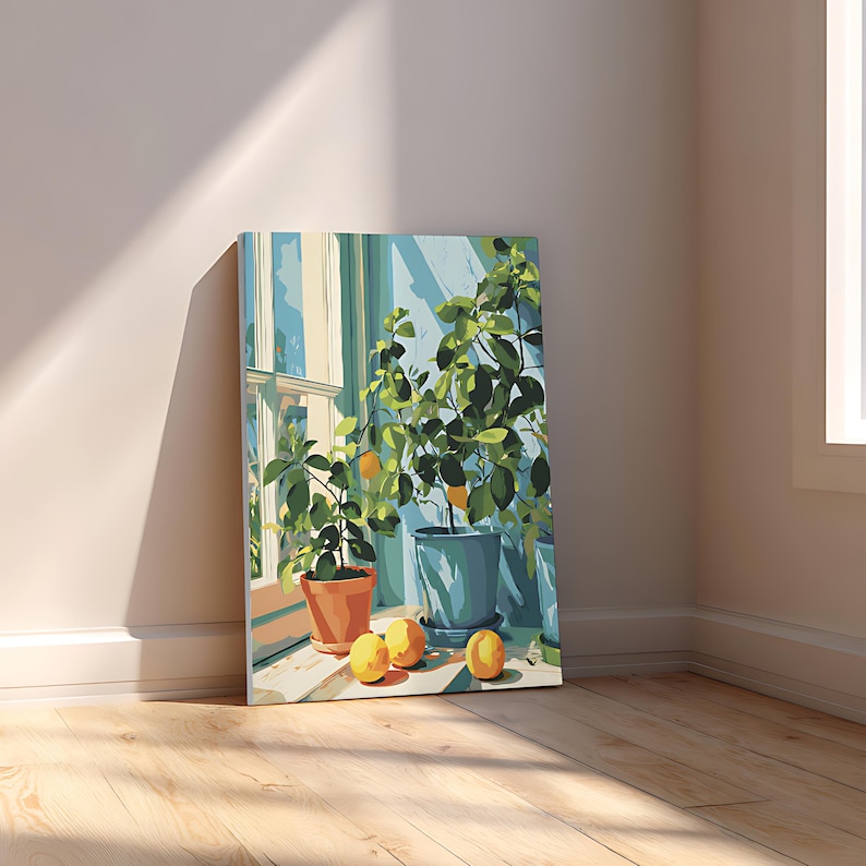 May include: A canvas print depicting potted lemon trees in front of a window. The artwork features a vibrant color palette with shades of green, orange, and blue. Several lemons are placed on a wooden surface in front of the plants.