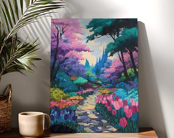 Farbenfrohe Gartenstraße Malen nach Zahlen Kit: Florales Anfänger DIY Acrylbild auf Leinwand