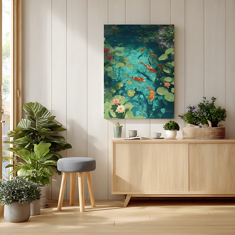 May include: A vertical canvas art print depicting a koi pond scene. The artwork features orange koi fish swimming among lily pads and lotus flowers in a turquoise pond. The painting is displayed above a wooden cabinet.