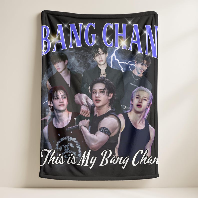 May include: Black throw blanket with a collage of six people. The text "BANG CHAN" is in light blue at the top. The words "This is My Bang Chan" are in white script at the bottom of the blanket.
