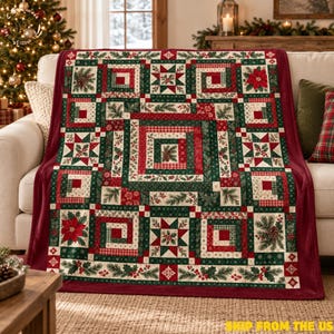 Christmas Flannel Blanket, Vintage Style Patchwork Print with Poinsettias, Pinecones and Star Blocks, Red Green Farmhouse Holiday Sofa Throw