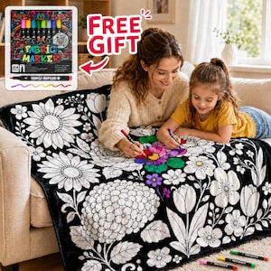 DIY Coloring Blanket,Soft Fleece Art Throw with 24 Fabric Markers,Kids Creative Activity Blanket for Birthday Gift,Cute Playroom Craft Decor