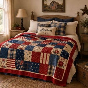 Könnte beinhalten: Eine Patchwork-Tagesdecke mit floralen, sternförmigen und gestreiften Mustern in Rot, Weiß und Blau. Auf dem Bett liegt ein rechteckiges Zierkissen, das den Schriftzug America mit drei darunter zentrierten schwarzen Sternen zeigt.