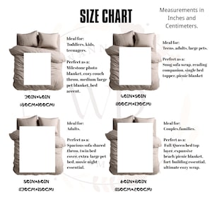 May include: Size chart showing blanket sizes in inches and centimetres. The chart displays four sizes: 30x40 inches (80x100cm), 40x50 inches (100x130cm), 50x60 inches (130x150cm), and 60x80 inches (150x200cm). Each size is shown on a bed.