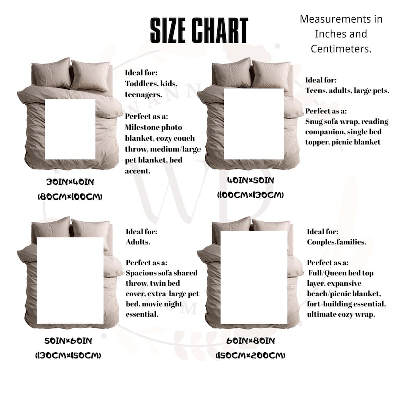 May include: Size chart showing blanket sizes in inches and centimetres. The chart displays four sizes: 30x40 inches (80x100cm), 40x50 inches (100x130cm), 50x60 inches (130x150cm), and 60x80 inches (150x200cm). Each size is shown on a bed.