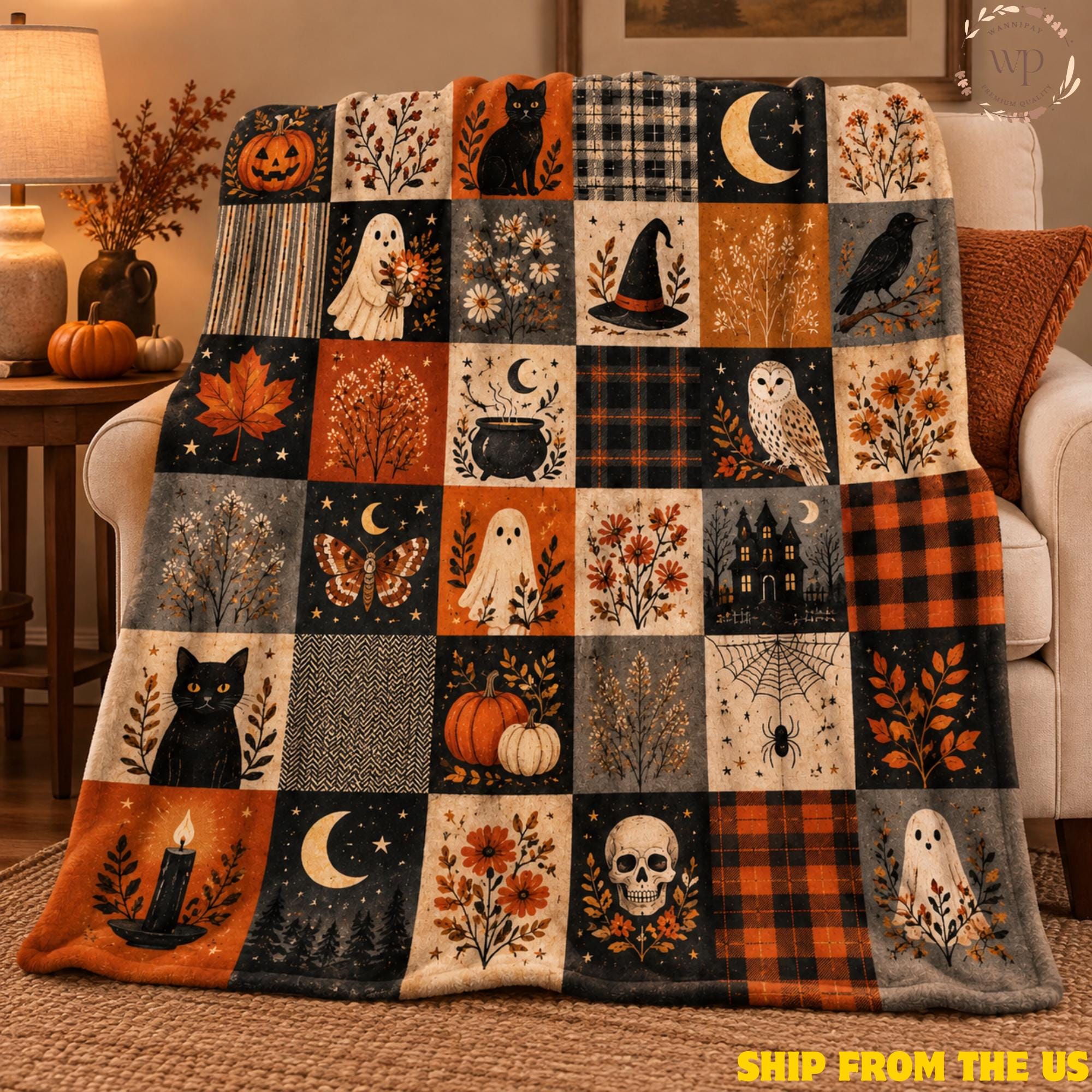 Vintage Halloween Patchwork Blanket, Ghost and Black Cat Throw, Pumpkin Witch Owl Print, Cozy Fall S