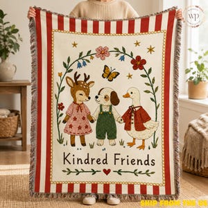 Woodland Animal Friends Flannel Fringe Throw Blanket, Cottagecore Kids Blanket, Cute Nursery Decor, Friendship Gift, Cozy Bed Sofa Throw