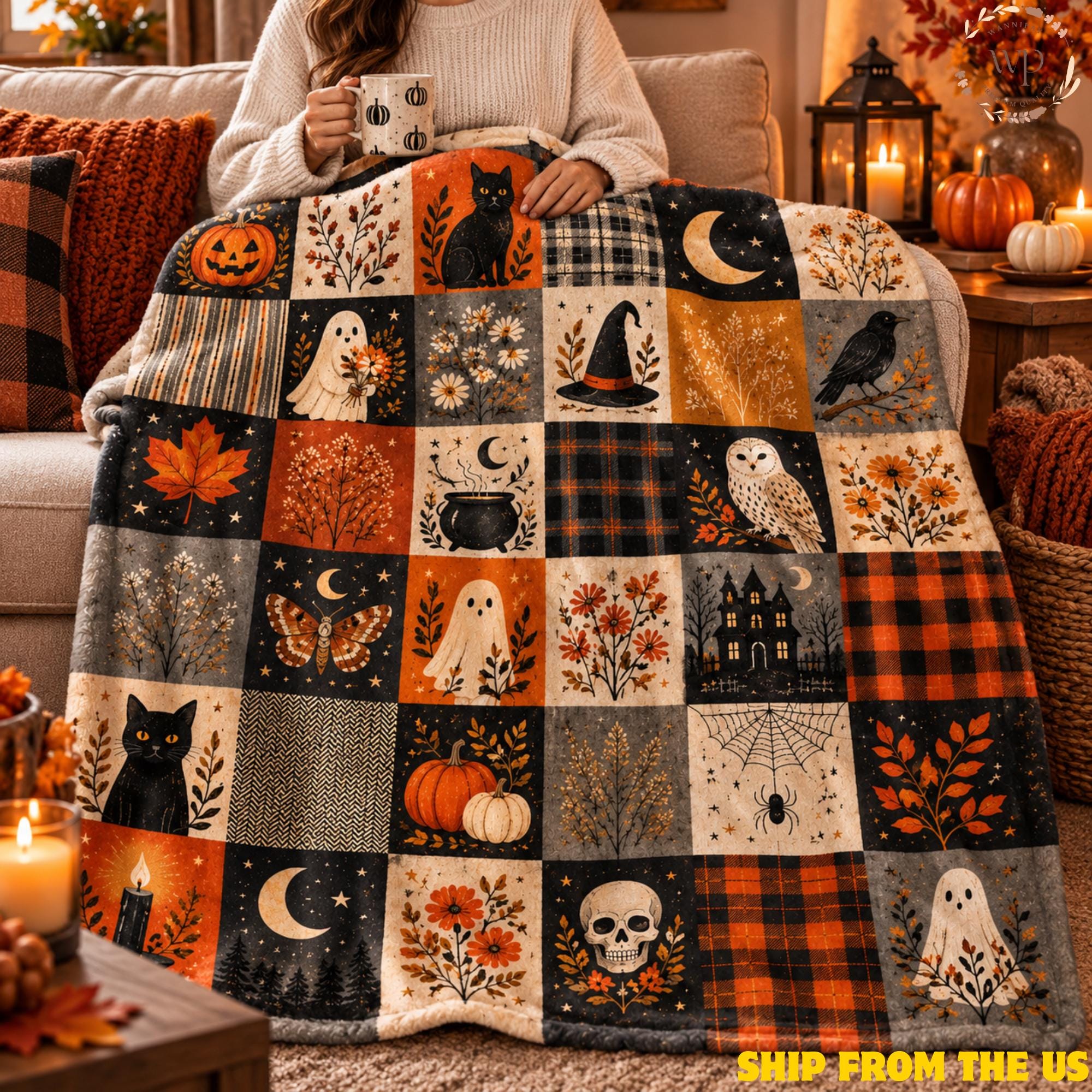 Vintage Halloween Patchwork Blanket, Ghost and Black Cat Throw, Pumpkin Witch Owl Print, Cozy Fall S
