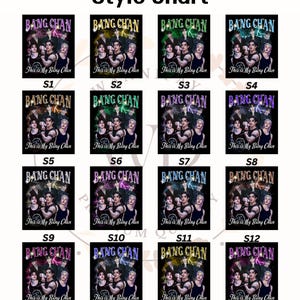 May include: A style chart displaying sixteen designs with the text "BANG CHAN" and "This is My Bang Chan". Each design features a group of people in various colours. The chart is set against a white background.