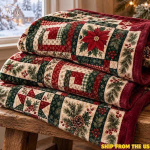 Christmas Flannel Blanket, Vintage Style Patchwork Print with Poinsettias, Pinecones and Star Blocks, Red Green Farmhouse Holiday Sofa Throw