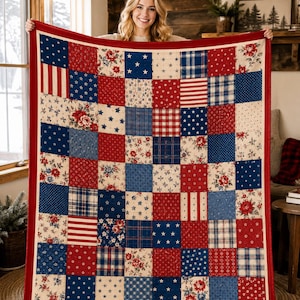 Coperta patchwork patriottica, plaid in stile trapunta con bandiera americana, pile a quadri floreali rossi, bianchi e blu, decorazione per divano in stile rustico, set regalo per la famiglia dei veterani