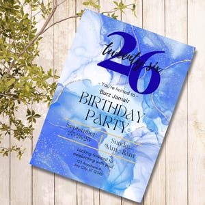 Blue Gold Birthday Invitation, Elegant Birthday Party Invite, Digital Download, Editable Birthday Template for Him or Her