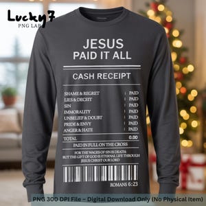 Versículo bíblico Romanos 6:23 (PNG), Jesús lo pagó todo (PNG), Recibo de efectivo (PNG). Diseño de sublimación cristiana.