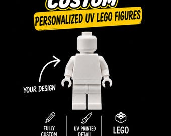 Può includere: Una minifigure in plastica bianca semplice su sfondo nero. Il testo recita CUSTOM PERSONALIZED UV LEGO FIGURES, YOUR DESIGN, FULLY CUSTOM, UV PRINTED DETAIL e LEGO. Una freccia bianca punta verso il busto della minifigure.