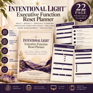 Peut inclure: Un planificateur imprimable de 22 pages intitulé Intentional Light Executive Function Reset Planner. La couverture présente une illustration de paysage montagneux violet et doré. Plusieurs pages intérieures montrent des modèles de planification.