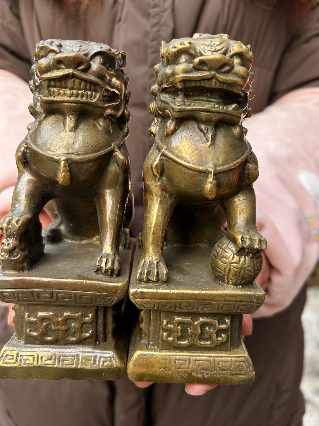 Asian Brass Evil Fu Foo Dog Lion Statue Pair Signed, Old Antiques Brass ...