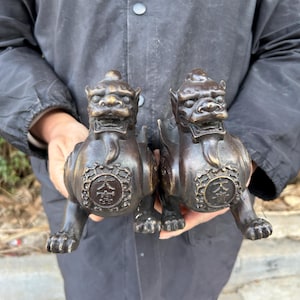 May include: Two bronze-colored, mythical creature statues. Each statue has a detailed face, a decorative emblem on its chest, and is posed on all fours. The statues are held in front of a dark jacket.