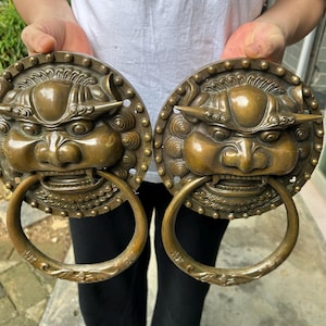 May include: A pair of circular bronze door knockers featuring a relief of a stylized lion face with a prominent nose, bulging eyes, and bared teeth. Each circular plate is bordered by small studs and includes a large, heavy swinging ring.
