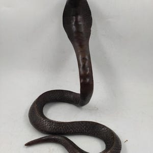 Può includere: Scultura di cobra marrone scuro con cappuccio sollevato e squame dettagliate. Il serpente è in posa curva, con la testa eretta e il corpo arrotolato. La scultura sembra essere fatta di legno o materiale simile.