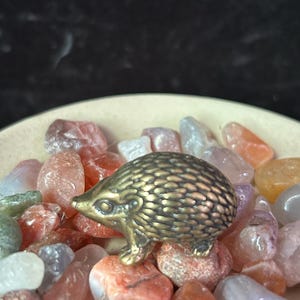 Puede incluir: Una pequeña figura de erizo de bronce detallada. El erizo está colocado sobre un lecho de piedras pulidas de colores, incluyendo tonos de rojo, naranja y blanco. La figura tiene una superficie texturizada, y la estética general es natural y decorativa.
