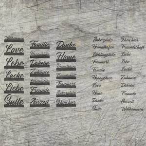 Puede incluir: Una colección de bloques de texto negros con palabras como "Love", "Home" y "Friends" en varias fuentes, dispuestas sobre un fondo gris texturizado. Las palabras están en inglés y alemán.
